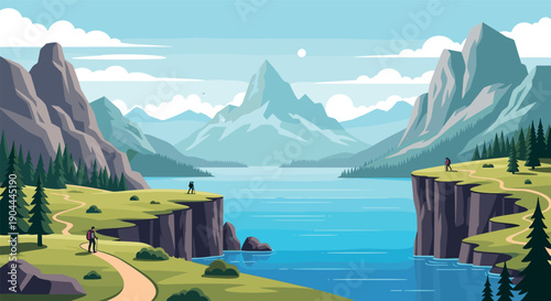 Hikers enjoying a scenic mountain lake landscape with cliffs and pine trees