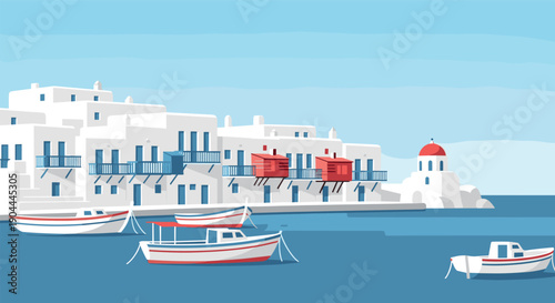 Charming Greek island village with white buildings and boats in the blue sea
