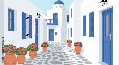 Charming Greek island alley with white buildings, blue doors, and potted flowers