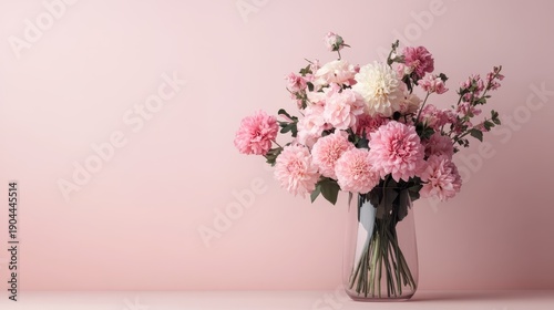 A stunning bouquet of pink flowers skillfully arranged in a clear vase, exuding beauty and freshness, complemented by a soft pink background enhancing the display.