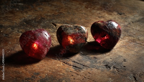 Three polished gemstones shaped like hearts rest upon a rustic wooden surface with dramatic lighting.
