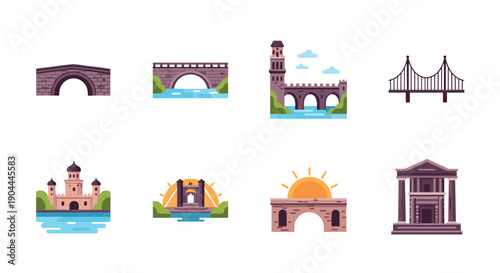 Collection of architectural landmarks including bridges, castles, and a classical building
