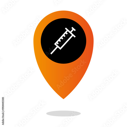 Vaccination location marker. Medical syringe symbol. Vibrant orange Vector. Extraordinary clinic spot