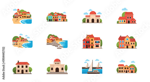 Collection of charming European village and coastal town illustrations