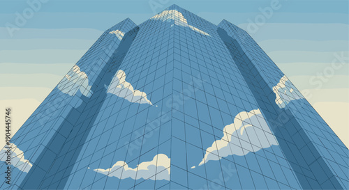 Modern glass skyscraper reflecting clouds against a clear blue sky