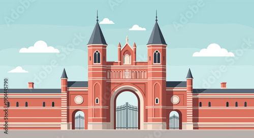Ornate red brick gatehouse with towers and arched entrance under a cloudy sky