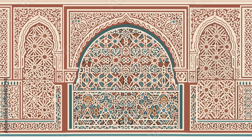 Intricate Islamic geometric patterns adorn a decorative architectural facade with arches