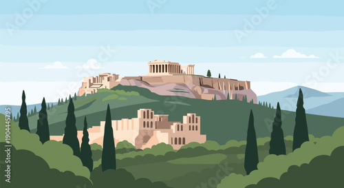 Stylized illustration of the Acropolis of Athens with surrounding hills and cypress trees