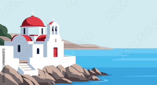 Iconic Greek island church with red domes overlooking the Aegean Sea