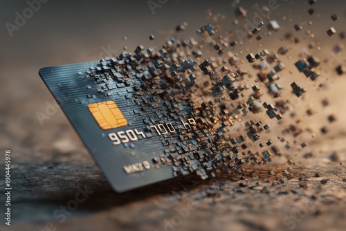 A credit card dissolving into pixels, digital payment transformation concept