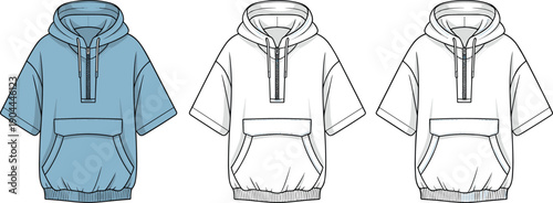 Short sleeve hoodie design, front zipper, kangaroo pocket, ribbed hem, drawstring hood, fashion sketch, CAD drawing flat vector illustration**