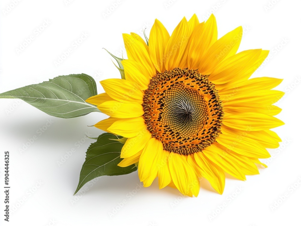 Obraz premium Bright Yellow Sunflower with Green Leaves on White Background sunflower bright flower bloom petals