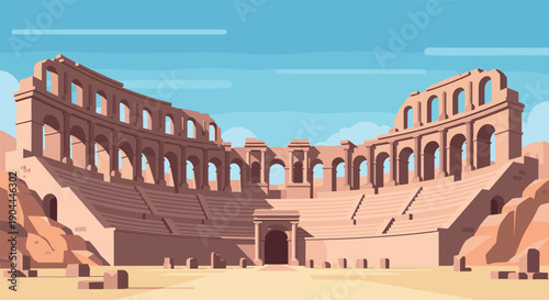 Ancient Roman amphitheater ruins under a bright blue sky with scattered clouds