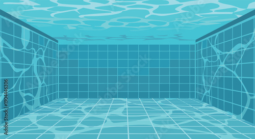Empty swimming pool interior viewed from underwater with tiled walls and floor