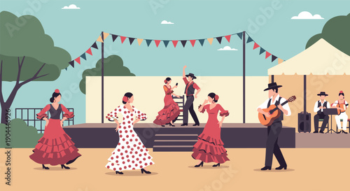 Flamenco dancers and musicians perform on an outdoor stage with festive bunting