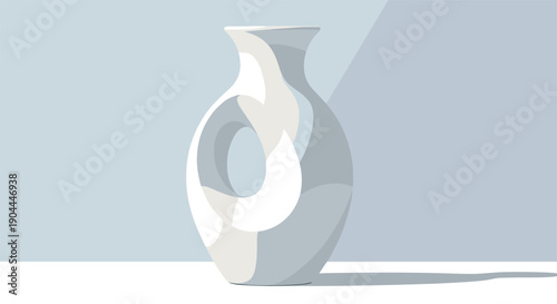 Modern abstract white ceramic vase with a unique cutout design on a light blue background