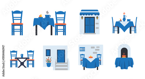 Collection of charming Greek island cafe and restaurant scenes with blue and white decor
