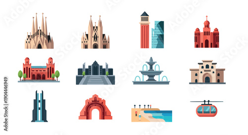 Collection of famous Barcelona landmarks and attractions in a flat vector style