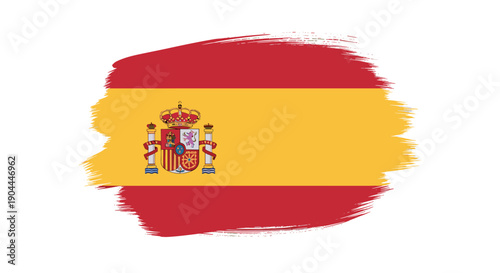 Spanish flag with a brush stroke effect and coat of arms, representing national pride and heritage