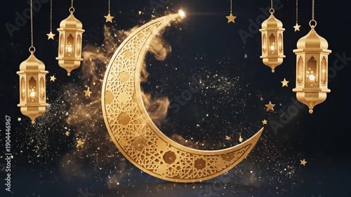 Gold crescent moon. Ramadan kareem. Ramadan mubarak. Mosque decoration. Golden lanterns. Sparkling stars. Dark background. Vector illustration.