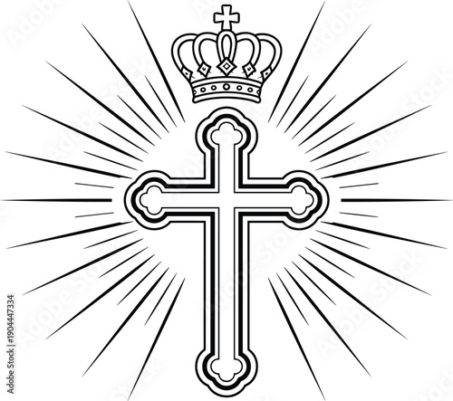 Christian Cross with Crown and Light Rays, Religious Symbol, Line Art, Stock Media
