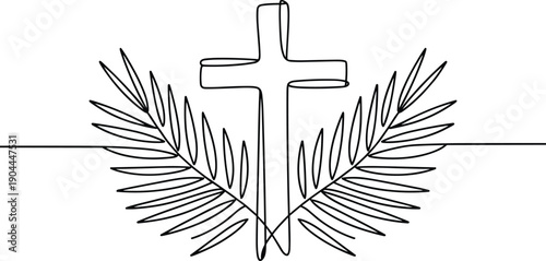 Christian Cross with Palm Branches One Line Drawing Stock Media