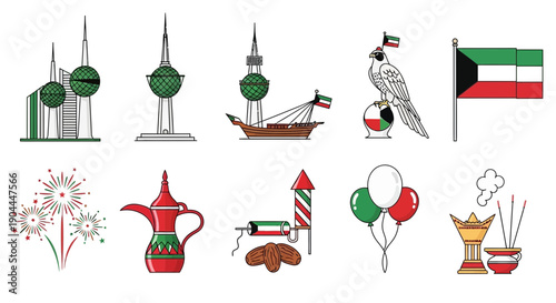 A collection of Kuwaiti national symbols including landmarks flags a falcon and cultural items