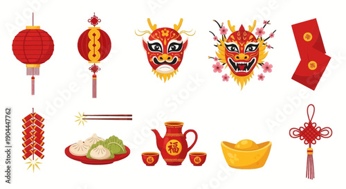 Assortment of red and gold Chinese New Year celebratory items on white background