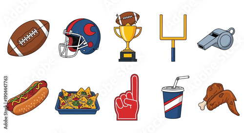 Cartoon icons representing American football equipment stadium elements and gameday snacks