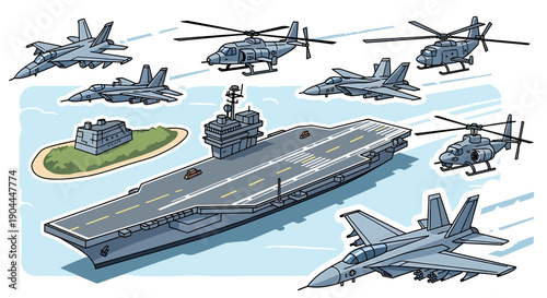 A detailed illustration showcasing a naval aircraft carrier at sea with multiple fighter jets and helicopters, along with a small island base