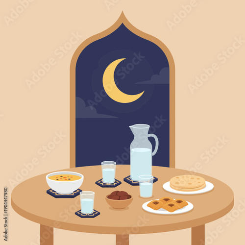 Traditional Iftar Meal Laid Out on Table Under Night Sky
