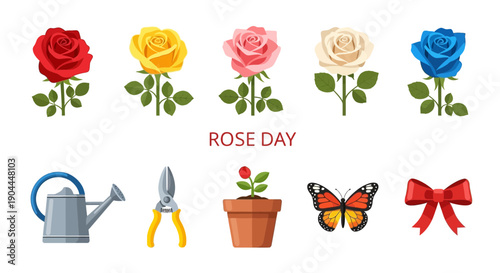 Five roses gardening tools a potted rose butterfly and bow on white background