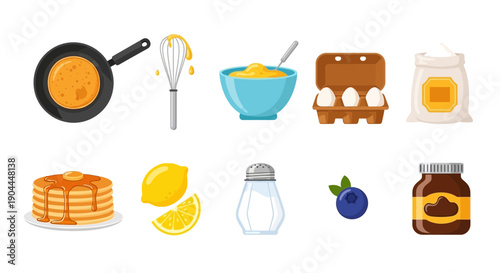 Flat icons depicting pancake ingredients and final product