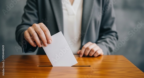 Woman in gray blazer putting white paper in wooden ballot box slot  voting process