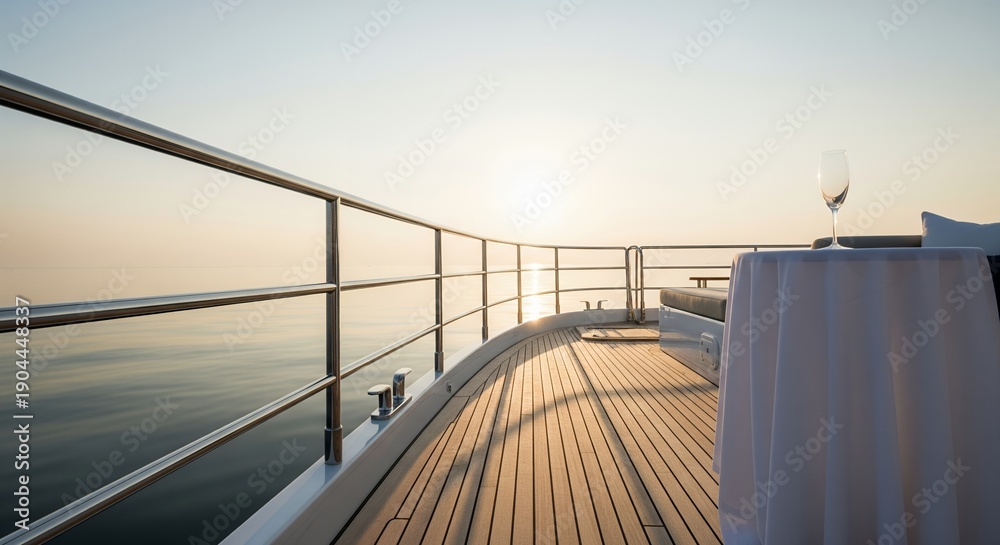 Fototapeta premium Luxury yacht deck at sunset with elegant table and wine glass
