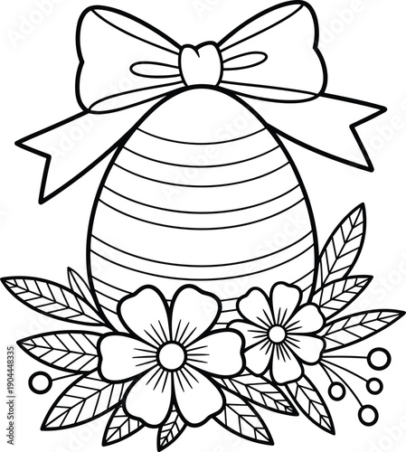 Easter Egg with Bow and Flowers Coloring Page Outline