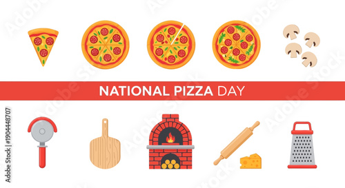 National Pizza Day graphic featuring pizza variations and cooking tools