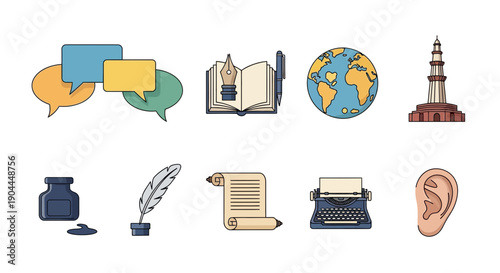 Ten flatdesign icons related to communication writing and landmarks arranged in two rows