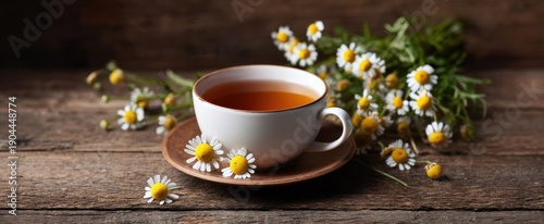 Elegant tea cup with fragrant herbal infusion nestled among vibrant dried chamomile flowers on rustic wood.