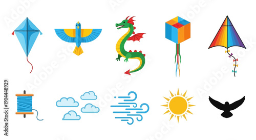 Top and bottom rows of five flat vector icons related to kites and weather