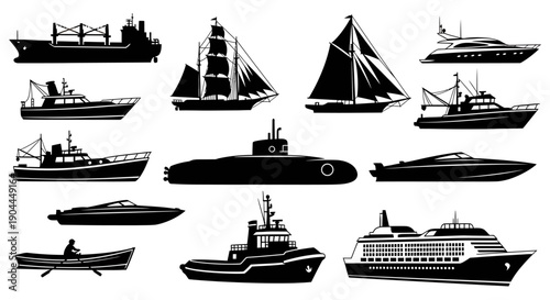 A collection of diverse watercraft silhouettes, showcasing various types of vessels from sailing ships to modern yachts and submarines