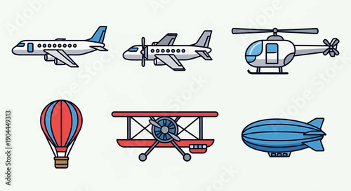 A vibrant collection of stylized aircraft illustrations, showcasing various forms of air travel like planes, helicopters, balloons, and blimps for diverse design projects