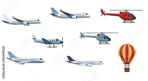 Illustrations of air transport vehicles modern airplanes, propeller planes, helicopters, and a hot air balloon, perfect for travel and aviation themes