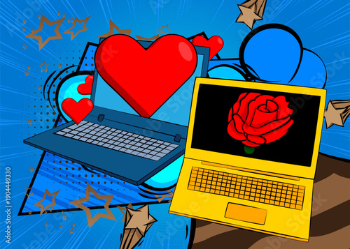 Cartoon Laptop, comic book Notebook with Red Heart and Rose. Retro vector comics pop art design.