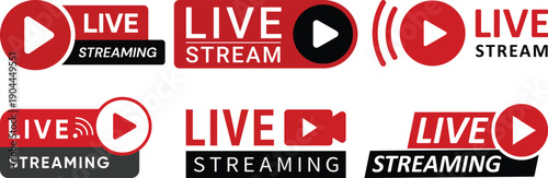 Live streaming icon set collection group with play button video broadcast badges, online stream labels, media recording symbols for social network content isolated on white background vector.