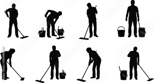 Cleaner working silhouette set, janitor cleaning floor with mop and bucket, professional maintenance service illustration isolated white background vector people worker collection