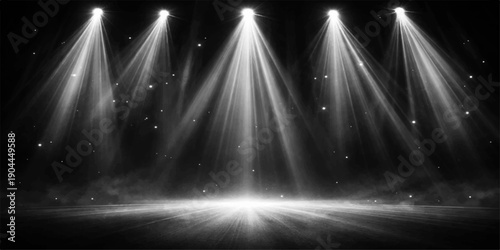 A vibrant blue theater stage spotlight beams a bright ray of light across the night club scene, creating a glowing disco backdrop for a music concert or entertainment show illustration