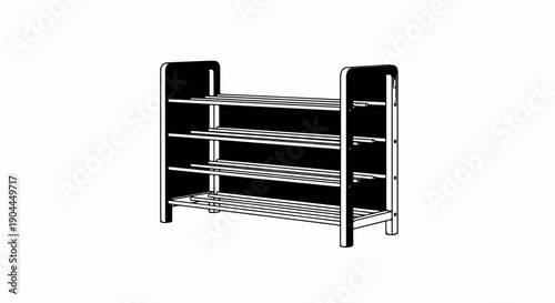 A simple black and white illustration of a wooden shoe rack with three shelves
