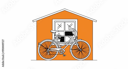 A simple line drawing of a bicycle parked in front of a bright orange shed