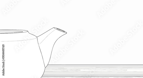 A simple line drawing of a ceramic teapot with a spout, resting on a striped surface